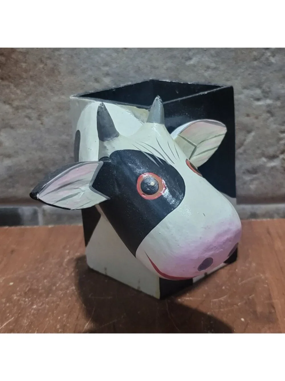 Vintage Wooden Cow Pencil Holder Black White Desk Organizer Decorative Box